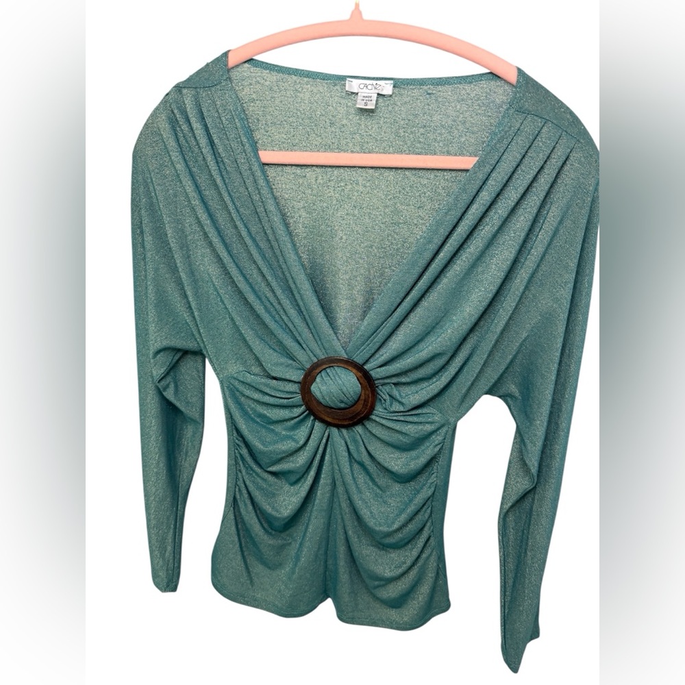 Vintage Caché Metallic Teal Long Sleeve Top with Ring Detail- made in USA - Picture 2 of 4
